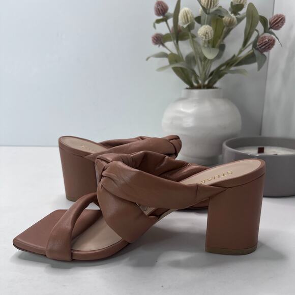 Stuart Weitzman Playa 75 Knot Leather Block Sandals Tan Women's US 5.5B Tried On - Picture 6 of 10